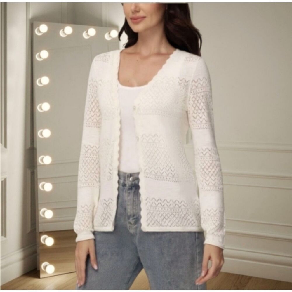 Frye Pointelle Cream Pattern Button Closures Long… - image 2